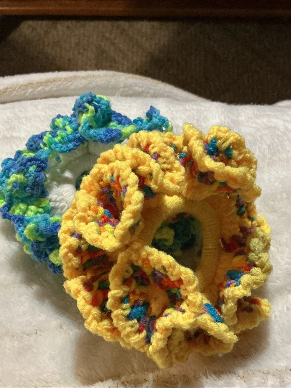 Crochet Scrunchies - Yellow & Blue Multicolor